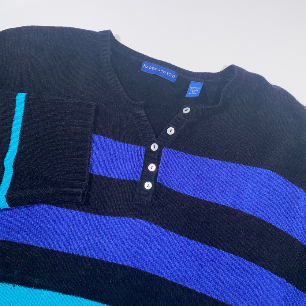 Karen Scott II‎ Women's 3X Black Blue Teal Stripe Henley Sweater
